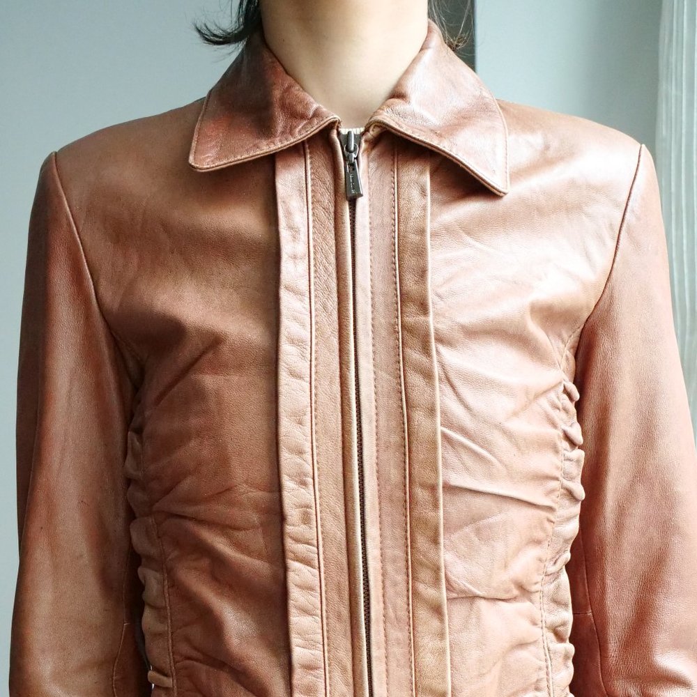 VINTAGE Lace-up Sleeve Ruched Leather Jacket - Picture 4 of 8